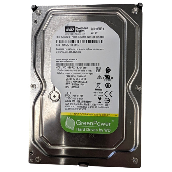 Front view of Western Digital AV-GP 1TB 3.5-inch SATA internal hard drive WD10EURX showing product label, serial numbers, and GreenPower logo