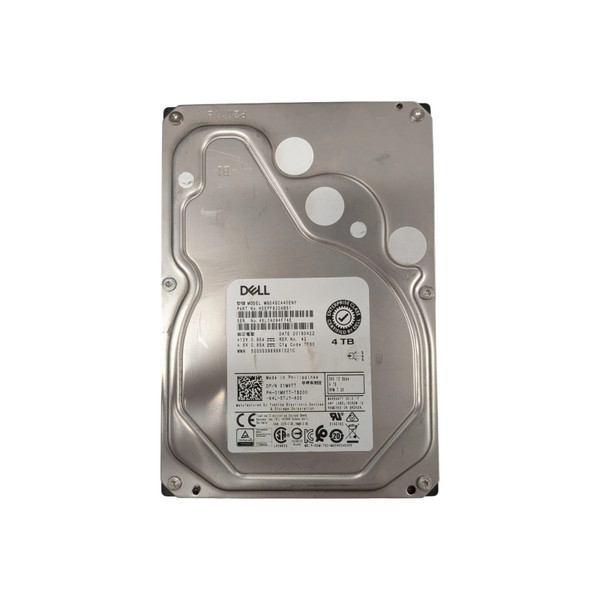A top-down, full-view studio shot of a silver Dell 4TB Enterprise Class SAS hard drive against a solid white background. The 3.5-inch drive features a large white product label in the center detailing technical specifications, including the model number MG04SCA40ENY, a 12 Gbps interface speed, and 7.2K RPM. The Dell logo is prominent at the top of the label, and an "Enterprise Class Certified by Dell" seal is visible on the right. The drive's metallic casing shows various circular indentations and is secured by six Torx screws around the perimeter.