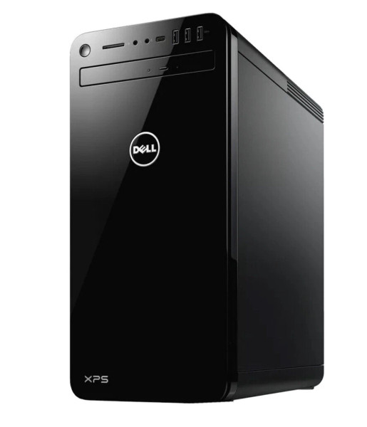 A front-angled view of a Dell XPS 8930 desktop tower in a sleek, glossy black finish. The front panel features a circular Dell logo in the center and the "XPS" branding in the bottom-left corner. The top section houses a power button, an SD card slot, a headphone jack, and multiple USB ports, including a USB-C port. A slim optical drive bay is positioned just below the top I/O panel.