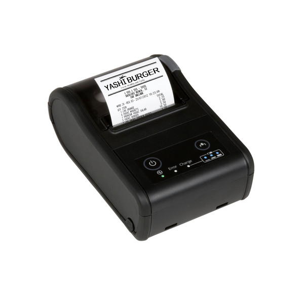 An angled, top-down view of a black Epson TM-P60II mobile receipt printer against a white background. A receipt for "YASHI BURGER" is feeding out of the top slot, showing an itemized list of food orders and a total price. The control panel on the front face features a power button with a green LED, a paper feed button, and a blue battery level indicator showing two out of three bars.