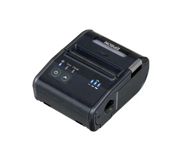 A compact, black Epson portable receipt printer is shown from an angled top-down perspective against a plain white background. The device features a semi-transparent paper cover on top, a power button, and a paper feed button on the front panel. Three small blue LED indicators show the battery level, while separate lights indicate power, errors, and charging status. The printer has a rugged, matte finish with a small grey latch on the side for opening the paper compartment.