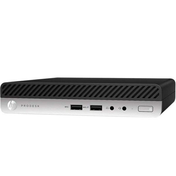 An angled front-view photograph of a compact HP ProDesk Mini PC set against a plain white background.

The device features a two-tone design:

The upper portion consists of a black ventilation grille with thick, diagonal slats.

The lower portion is a silver metallic panel containing several ports and buttons.

From left to right, the silver panel displays the circular HP logo, the word "PRODESK" in sans-serif type, two USB-A ports labeled with SuperSpeed icons, two 3.5mm audio jacks (one universal, one headphone), a small status light, and a rectangular power button on the far right.