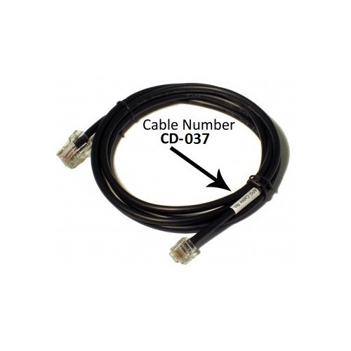The image shows a coiled APG CD-037 MultiPro interface cable against a plain white background. The cable is approximately 3 meters long, black, and bundled in a circular loop with a small plastic tie. At each end of the cable is a clear RJ12 modular plug. A large black arrow points to a small white adhesive label wrapped around the cable that displays the text "APG Cable No. CD-037." Overlaying the center of the image is large black text that reads "Cable Number CD-037."