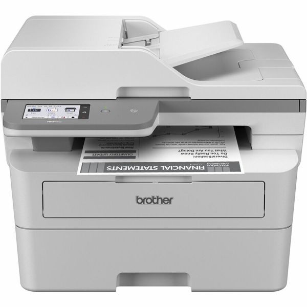 A front-facing view of a white Brother MFC-L2980DW laser multifunction printer. It features a top-mounted document feeder, an adjustable touchscreen control panel, and a document titled "FINANCIAL STATEMENTS" in the output tray.