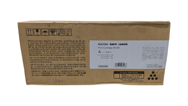 A side view of a brown cardboard box for a Ricoh, Savin, and Lanier Print Cartridge IM 430. A large white label on the right side of the box identifies the product as a "Genuine" black cartridge and lists compatible printer models, including the IM 430 and P 502 series. To the left of the label, several black handling icons are printed directly on the cardboard, including symbols for "this way up," "fragile," "keep dry," and temperature limits. Multilingual safety and usage instructions in Portuguese, Chinese, and Japanese are also visible across the front and side.
