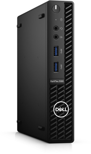 Black Dell mini desktop computer shown at an angle, with a front power button, two blue USB ports, and ventilation grilles on a white background.