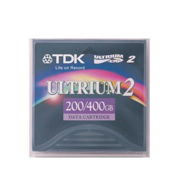 A front-on view of a TDK LTO Ultrium 2 data cartridge in its clear plastic protective case. The cartridge label features a dark background with a vibrant rainbow arc across the middle. Text on the label includes the TDK logo with the slogan "Life on Record," the "Ultrium LTO 2" branding, and a purple banner highlighting the capacity as "200/400GB DATA CARTRIDGE." The bottom of the cartridge has a textured, curved grip pattern.