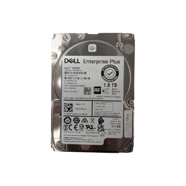 A top-down, straight-on shot of a Dell Enterprise Plus 1.8TB SAS hard drive on a white background. This 2.5-inch small form factor (SFF) drive features a polished silver metallic casing with a large white technical label.

The label prominently displays the Dell logo and the "Enterprise Plus" branding. Key technical details include the capacity of 1.8 TB, a spindle speed of 10K RPM, and a SAS 12 Gbps interface. The model number ST1800MM0129 and part number 1XJ203-158 are visible, along with a "Certified by Dell" seal. A date of manufacture (DOM) of 16JUL2021 is printed on the left side. The bottom of the label contains various regulatory logos including CE, UKCA, and UL, and notes that the drive was "Made in Thailand by Seagate."
