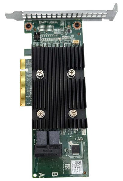 A top-down vertical view of a Dell PERC H330 PCIe RAID controller card against a white background. This version of the card features a green PCB with a large black heatsink and a silver mounting bracket at the top.

Key Visual Details:
Cooling: A large, black ribbed aluminum heatsink is centered on the board, secured by four silver spring-loaded Phillips-head screws.

Connectivity:

A gold-plated PCIe x8 interface edge connector is located on the left side.

Two internal Mini-SAS HD (SFF-8643) ports are located at the bottom, protected by a black plastic housing labeled "molex" and "MSH2479."

Identification & Markings:

A white sticker at the bottom right includes a QR code and identifies the part as DP/N 0CG2YM. The full serial string is CN-0CG2YM-FCP00-9AC-01Z4-A00.

Technical silk-screening on the board includes the DellEMC logo at the top and model UCSA-901, REV A02 near the center.

Large white letters "A" and "B" are printed near the bottom corners of the PCB.

Hardware: The top features a full-height silver metal bracket with a grid of ventilation holes, secured to the PCB with two black screws.