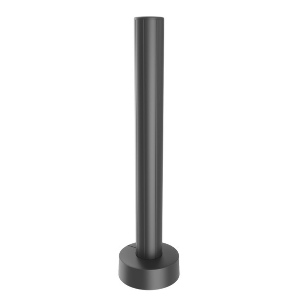 A professional studio shot of a black Havis mounting pole against a white background. The pole is vertically oriented with a smooth, extruded texture featuring subtle vertical lines. It is seated in a thick, rounded circular base plate cover that conceals the mounting hardware for a clean, industrial look.