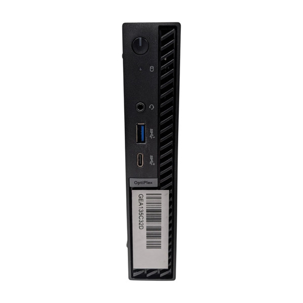 This image shows the front panel of a Dell OptiPlex 7020 Micro Form Factor (MFF) desktop computer, positioned vertically against a plain white background. The chassis is matte black with a vented cooling grille on the right side.

From top to bottom, the front interface includes:

Power Button: A circular button with an integrated LED indicator.

Status Lights: Small icons for storage activity and power.

Universal Audio Jack: A 3.5mm port for headphones or headsets.

USB 3.2 Gen 1 Port: A standard Type-A port with a blue plastic interior.

USB 3.2 Gen 2 Type-C Port: A slim, reversible connection port.

OptiPlex Branding: A small silver badge located near the center.