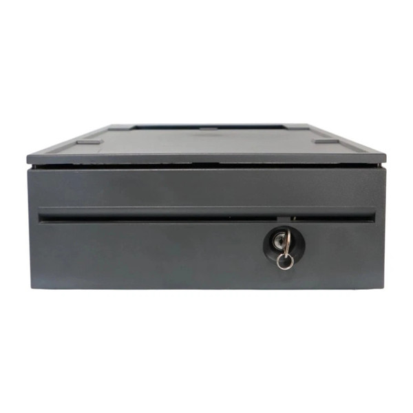 A front-facing, studio shot of a Toshiba 40N7132 compact electronic cash drawer in Iron Grey. The unit features a sturdy, rectangular steel construction with a matte dark charcoal finish.

Key Visible Features:

Media Slot: A long, horizontal slot runs across the center of the drawer front, allowing for the insertion of checks or large bills without opening the drawer.

Locking Mechanism: A circular silver key lock is positioned on the lower right side of the front panel, with a silver key and keyring inserted.

Top Surface: The top of the drawer is flat with a slightly recessed center area and raised ridges along the sides, designed to support a POS terminal or receipt printer.

Design: The drawer has a clean, professional aesthetic with a uniform gap visible between the drawer face and the outer housing.

The unit is isolated against a solid white background, emphasizing its compact and durable retail design.