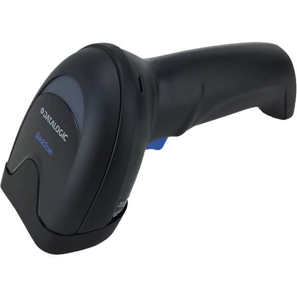 A black Datalogic QuickScan QD2590 handheld barcode scanner, shown from a three-quarter front perspective against a white background. The device features a matte black ergonomic body, a blue trigger, and the "DATALOGIC QuickScan" logo printed on the top grey-accented panel.
