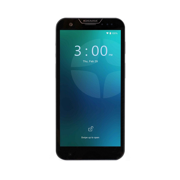 Front straight-on view of a black Datalogic Memor 30 full-touch Android mobile terminal against a white background. The large touchscreen display is active, showing a teal and blue geometric gradient wallpaper lock screen with a digital clock displaying "3:00 PM, Thu, Feb 29", a battery indicator at 100%, an unlocked padlock icon, and the prompt "Swipe up to open". The top bezel houses a prominent metallic-ringed front-facing camera lens on the left, a center ear speaker grill with a small white "DATALOGIC" logo above it, and discrete sensor windows on the right.