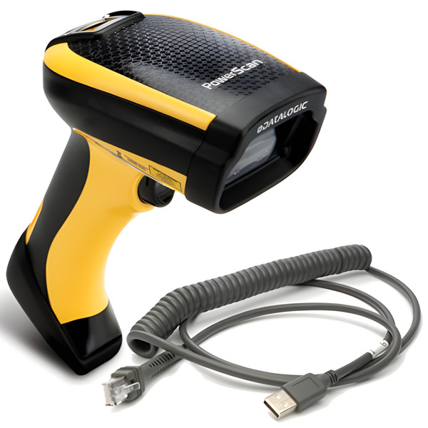 A Datalogic PowerScan PD9130 industrial barcode scanner kit, featuring a rugged handheld scanner and its coiled interface cable on a solid white background. The scanner is prominently angled in the foreground, showcasing its bright yellow and black plastic housing, textured "PowerScan" top panel, and a recessed scanning window branded with the "DATALOGIC" logo. Resting below the scanner is the coiled, dark grey USB cable, which has an RJ45 connector on one end and a standard USB Type-A connector on the other.