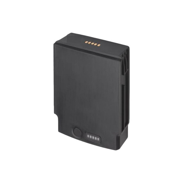 A three-quarter perspective studio shot of a black Zebra BTRY-ET5X-PRPK2-01 auxiliary PowerPack battery against a solid white background. The rectangular battery stands vertically, displaying a smooth, dark matte plastic front surface. Along the flat top edge, a row of five gold-plated circular metal contact pins is visible. Near the bottom edge of the front panel, there is a round status check button positioned directly to the left of a horizontal, translucent 5-LED charge indicator gas gauge array. The right side profile reveals molded mounting rails and structural guide recesses for installation.