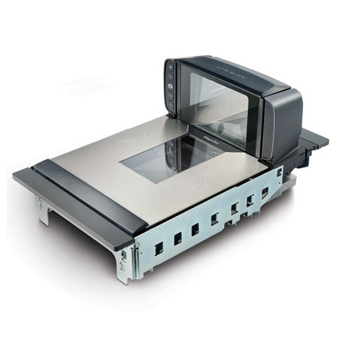 Datalogic Magellan 9400i in-counter bi-optic barcode scanner and scale system featuring a stainless steel long platter, scratch-resistant sapphire glass windows, and a raised vertical scanning bonnet, shown from a high-angle side view on a white background.