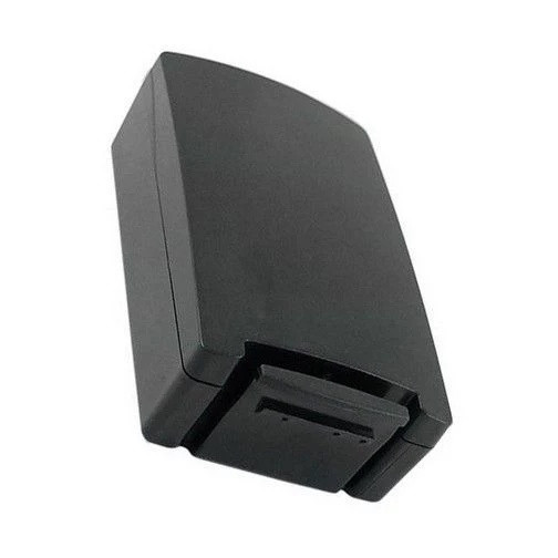 A low-angle view of the black Datalogic 94ACC1386 high-capacity battery pack against a white background, emphasizing the rectangular latching assembly protruding from the lower front end of the matte-finish plastic block.