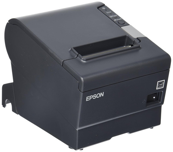 A high-angle, front-left three-quarter perspective view of a dark gray Epson TM-T88V thermal receipt printer on a white background. The image displays the recessed top paper exit slot, a light gray cover-open lever, and a vertical control panel on the upper right featuring labeled status indicators (Power, Error, Paper) and a Feed button. The white Epson logo and an Energy Star badge are visible on the front panel, alongside a mechanical power toggle switch on the lower right.