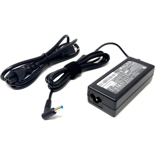 An HP laptop charger kit displayed against a solid white background. The kit includes a rectangular matte black AC adapter power brick with a large white regulatory text sticker on its top face. A 3-slot cloverleaf power input port is built into the front edge of the brick. An attached black DC power cord extends from the back of the adapter, bundled with a black hook-and-loop strap, and terminates in a right-angled charging plug with a distinctive bright blue ring at the tip. Unattached on the left is a neatly bundled black 3-prong AC wall outlet power cable.