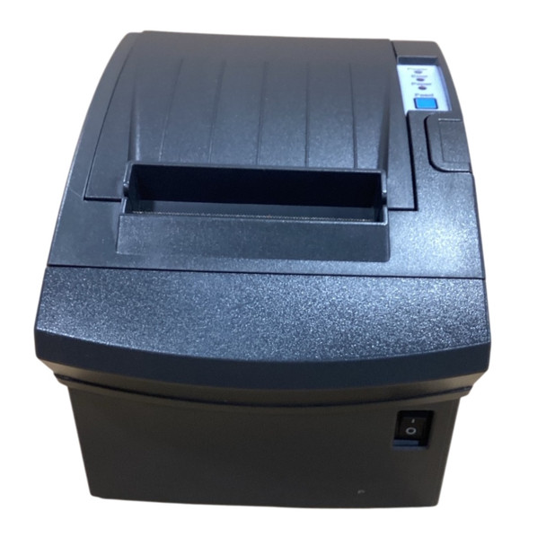 Front top-down view of a dark gray Bixolon SRP-350plusIII thermal receipt printer, featuring the paper exit slot, a clear control panel with a blue feed button and LED status lights, and a power switch on the lower right corner.