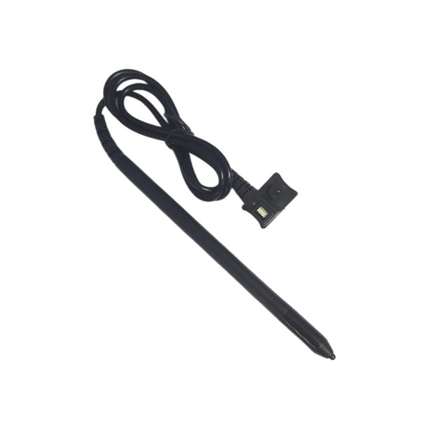 An isolated, high-angle studio shot against a solid white background showing a genuine Verifone replacement touchscreen stylus pen. The stylus is made of a smooth, matte black composite polymer with a tapered, non-abrasive fine-point tip at the bottom right. Attached to the top end of the pen is an integrated black coiled tether cable, which extends upward and is bundled neatly with a plastic twist tie. The opposite end of the cable terminates in a molded black plastic mounting block featuring an integrated screw hole and a small white connector interface, designed to secure the assembly directly to a Verifone MX915 or MX925 multimedia payment terminal chassis.