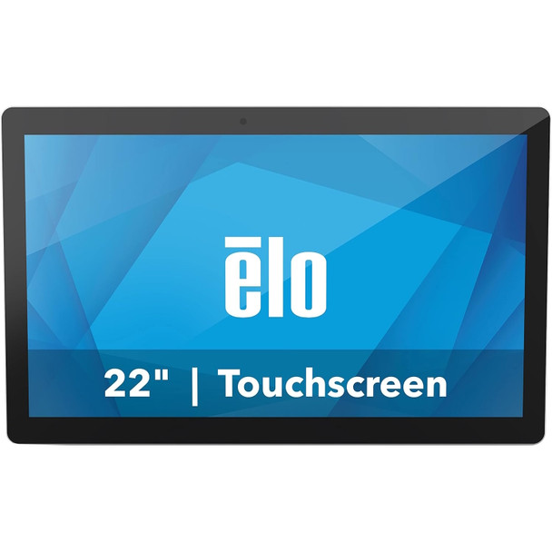 A straight-on, full-front studio shot against a crisp white background showing the Elo I-Series 4 Standard 21.5-inch widescreen all-in-one touch computer monitor panel. The hardware features a sleek, commercial-grade black outer bezel with slightly rounded corners and edge-to-edge protective glass. In the center of the top bezel, a small, subtle circular pinhole lens marks the front-facing 8MP camera. The widescreen display is powered on, showing a bright teal and blue geometric polygon background graphics overlay. In the center of the screen, the official lowercase "ēlo" corporate brand logo is printed in bold white text, with large white lettering stretching across the bottom half of the panel reading "22" | Touchscreen".