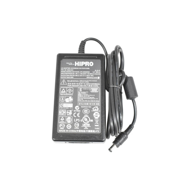 An overhead, eye-level shot of a rectangular, black HIPRO AC adapter on a white background. The adapter is oriented vertically, featuring a large label with the HIPRO logo, model number HP-A0502R3D, and various technical specifications and regulatory icons. A black DC power cord is bundled and tied to the right of the adapter, ending in a standard barrel connector with a ferrite bead visible near the tip.