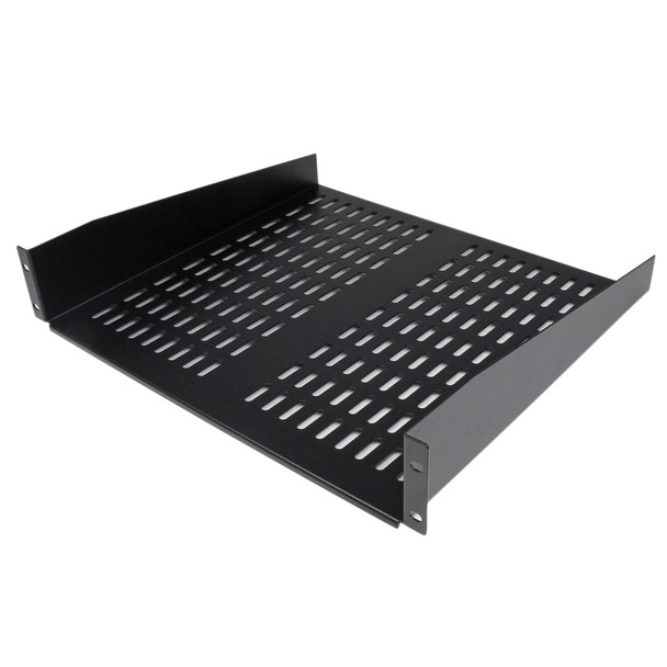 A rear-angled perspective view of a StarTech 2U Universal Vented Rack Shelf (CABSHELFV), showcasing the back and side profiles of the unit.

The image illustrates the following:

Rear Lip: A vertical metal flange at the back of the shelf acts as a backstop to prevent equipment from sliding off.

Vented Surface: Two distinct grids of elongated ventilation slots are visible across the flat tray, designed to facilitate passive cooling for mounted hardware.

Mounting Brackets: The integrated side brackets extend toward the front, featuring pre-drilled holes for standard 2U rack mounting.

Material: The shelf is constructed from sturdy, matte black cold-rolled steel.

The component is shown against a plain white background, highlighting its clean lines and industrial design.
