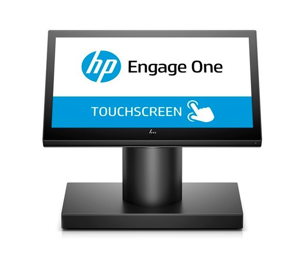 Front view of an HP Engage One Pro all-in-one retail terminal. The screen displays the HP logo and "Engage One" text above a blue banner that reads "TOUCHSCREEN" with a hand icon. The device is sleek and black with a rectangular base.