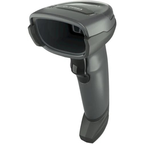 A close-up, angled view of a Zebra DS4608-SR handheld barcode scanner in twilight black. The image highlights the scanner's head and imaging window, showing the Zebra logo on the top surface. It features an ergonomic handle with a black trigger and a ruggedized build, isolated against a white background.