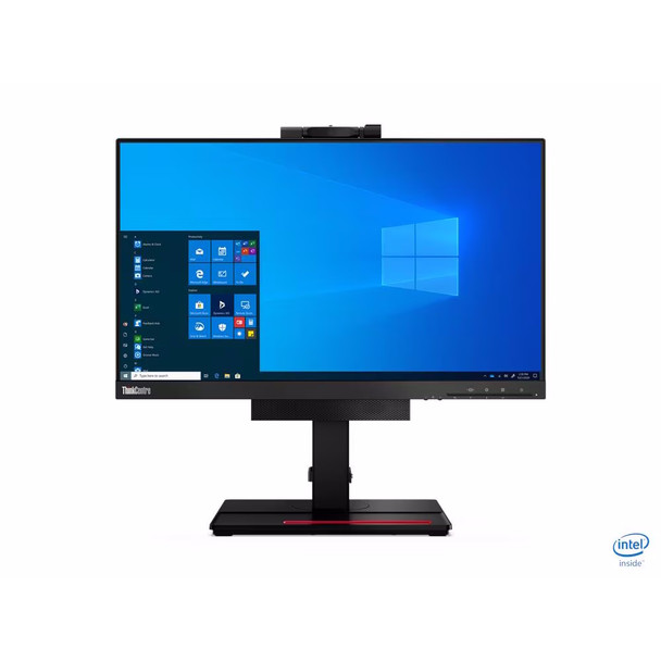 Front view of a Lenovo ThinkCentre Tiny-in-One (TIO) 22 Gen 4 monitor against a white background. The 21.5-inch display features slim bezels on three sides and shows the Windows 10 desktop with the Start menu open. A webcam is mounted at the top center, and the ThinkCentre logo is visible on the bottom left bezel. The monitor is supported by a height-adjustable black stand with a red cable management accent on the flat rectangular base. An "Intel inside" logo is displayed in the bottom right corner of the image.