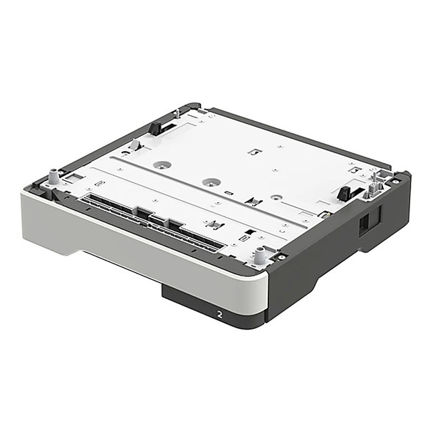 A side three-quarter view of a Lexmark 250-sheet paper tray (model 36S2910). The image highlights the mechanical top surface, showing metal mounting plates, plastic alignment pins, and electrical connectors used for stacking beneath a printer. The unit has a white front panel with a dark gray chassis. A small white "2" is visible on the lower right corner of the gray section. The side of the tray includes a recessed handle area for easy positioning.
