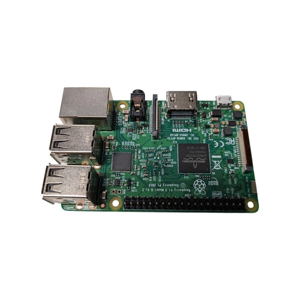 A top-down, slightly angled studio shot of the top side of a green Raspberry Pi 3 Model B V1.2 single-board computer. The PCB is densely populated with integrated circuits, connectors, and surface-mount components.

Key Components and Connectivity:

Central Processor: A large black Broadcom BCM2837 chip is situated in the center-right of the board.

Memory/Controller: A smaller square black chip is located to the left of the main processor.

Left Edge Ports: Features a silver metallic RJ-45 Ethernet jack and two stacked pairs of dual USB 2.0 Type-A ports.

Top Edge Ports: Includes a black 3.5mm audio/composite video jack, a vertical CAMERA ribbon cable connector, a silver HDMI port, and a micro-USB power input.

Right Edge: Features a vertical DISPLAY ribbon cable connector.

Bottom Edge: A 40-pin GPIO male header strip runs along the length of the board.

Markings: White silk-screened text identifies the model "Raspberry Pi 3 Model B V1.2," the "Raspberry Pi 2015" copyright, and various component labels like "HDMI," "CAMERA," and "GPIO."

The board is presented on a seamless white background, highlighting its intricate technical layout.