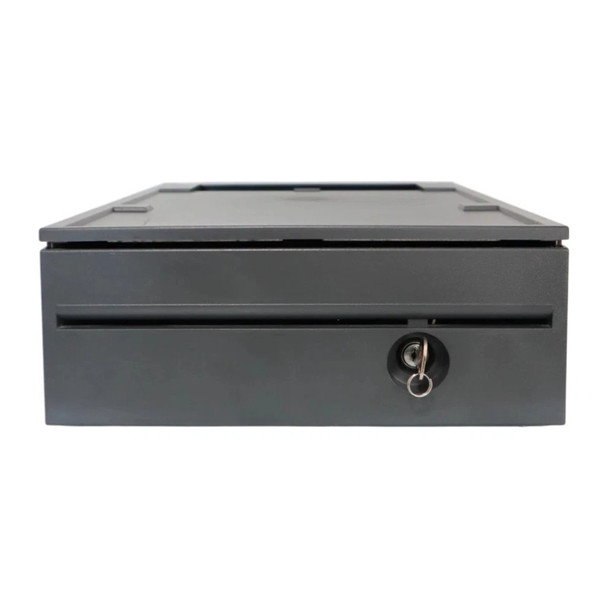 A front-facing, studio shot of a Toshiba 40N7132 compact electronic cash drawer in Iron Grey. The unit features a sturdy, rectangular steel construction with a matte dark charcoal finish.

Key Visible Features:

Media Slot: A long, horizontal slot runs across the center of the drawer front, allowing for the insertion of checks or large bills without opening the drawer.

Locking Mechanism: A circular silver key lock is positioned on the lower right side of the front panel, with a silver key and keyring inserted.

Top Surface: The top of the drawer is flat with a slightly recessed center area and raised ridges along the sides, designed to support a POS terminal or receipt printer.

Design: The drawer has a clean, professional aesthetic with a uniform gap visible between the drawer face and the outer housing.

The unit is isolated against a solid white background, emphasizing its compact and durable retail design.