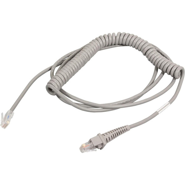 A grey Datalogic 90G001095 coiled serial cable shown against a white background. The cable features a tightly coiled center section that extends into two straight ends, each terminated with an RJ-type modular connector. One connector includes a reinforced grey strain relief boot for added durability.