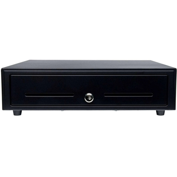 In the image star-full-size-cash-drawer-37965600-front2.jpg, a professional-grade Star Micronics CD3-1616 cash drawer is shown from a direct frontal perspective against a plain white background.

Image Description
Front Panel: Features a matte black finish with two horizontal media slots for inserting checks or receipts without opening the drawer.

Security: A circular, silver-toned key lock is centered on the front face of the drawer.

Base: The unit is supported by four sturdy, non-slip rubber feet visible at the bottom corners.

Build: The overall design is a heavy-duty, rectangular steel chassis intended for point-of-sale integration.