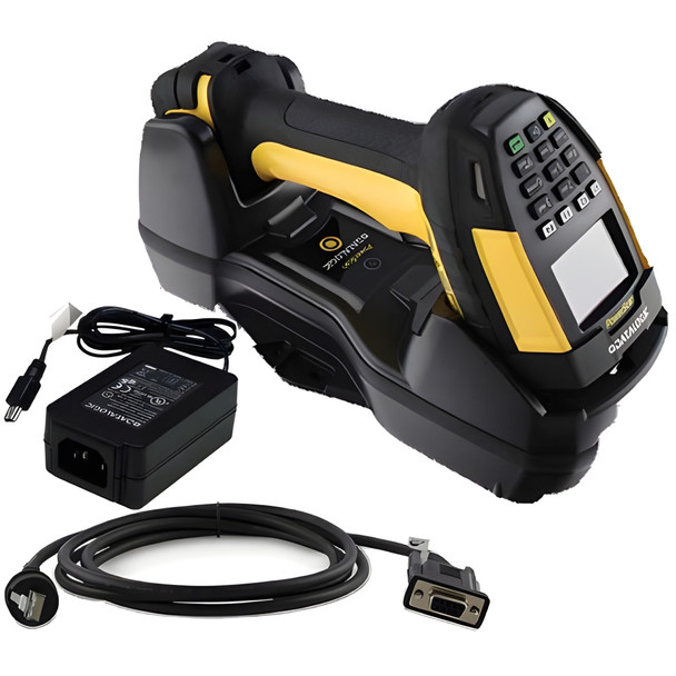 An industrial handheld barcode scanner kit displayed against a white background. The main component is a rugged black and yellow Datalogic PowerScan PM9600 scanner resting horizontally on its matching black charging cradle. The top rear of the scanner gun faces forward, showcasing its integrated 16-key physical keypad and a small digital display screen.

Positioned to the left of the cradle is a black rectangular AC power adapter brick with its attached cord. Uncoiled in the foreground is a thick black interface cable featuring a proprietary circular connector on one end and a male serial RS-232 DE-9 connector on the other.