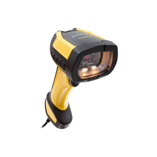 An industrial, handheld barcode scanner with a rugged yellow and black plastic casing, angled forward against a solid white background. The scanner's wide, rectangular scan head faces the viewer, framed by a thick black rubber bumper. Inside the clear window of the scan window, bright white LED illumination lights are active alongside internal red targeting components. The ergonomic handle is primarily bright yellow with a textured black rubber base where a black interface cable extends from the bottom. The top of the scanner head features a black panel with faint branding text.