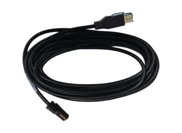 A coiled 12.5-foot black IBM PoweredUSB cable, part number 00TL818, designed for connecting an LCD or POS peripheral. The main body of the cable is neatly coiled in a large loop in the center against a plain white background. Extending from the top right of the coil is a specialized PoweredUSB connector with a black housing, revealing a distinct teal/light blue internal keying block and gold-plated pins. Extending from the bottom left of the coil is the opposite connector, a slim, rectangular black plug with visible gold contacts on its side. A small white manufacturer barcode label is wrapped around the cable near the lower connector.