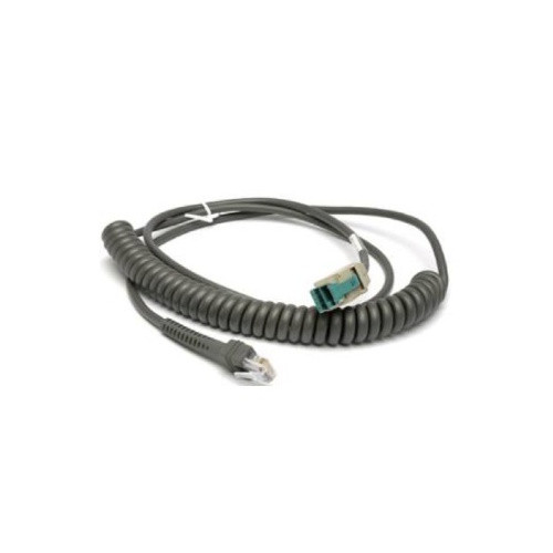 A coiled dark gray Zebra CBA-U34-C09ZAR barcode scanner interface cable displayed against a plain white background. The cable features a prominent coiled section on the left and a straight segment looping around to the right. In the center foreground, the terminal end is a clear RJ45 modular plug with a dark gray strain relief boot. The opposite connection point, extending upward from the center loop, is a specialized PoweredUSB plug featuring a light-colored housing with a distinct teal or green internal plastic insert and visible pin slots. A small white zip tie holds a portion of the straight cable segment together near the top, and a white barcode label is wrapped near the PoweredUSB connector.