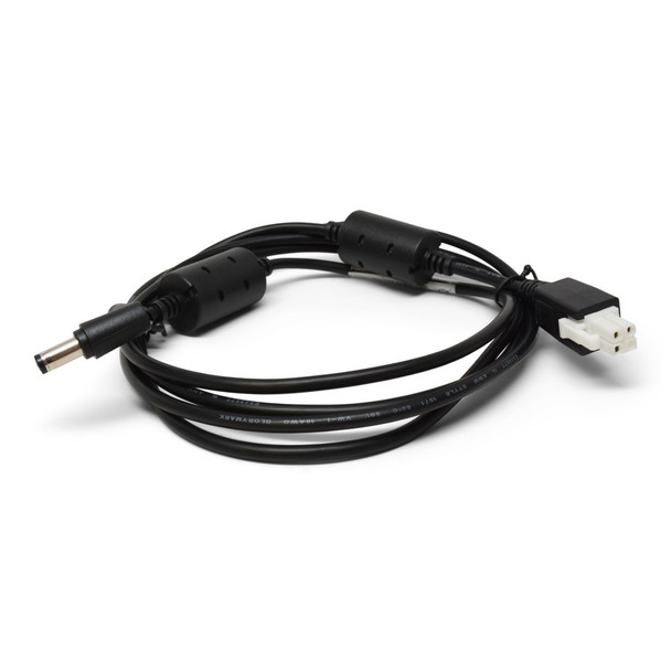 Alt Text
A black Zebra CBL-DC-388A1-01 DC power line cord loosely coiled against a plain white background. The cable features two prominent cylindrical ferrite beads integrated near each end to suppress electrical noise. On the left side, the cable terminates in a standard barrel-type DC connector plug. On the right side, it terminates in a specialized square 4-pin connector featuring a black housing and a white internal plastic block with four receptacle slots. Fine white manufacturer specification text is printed along the outer jacket of the cable.