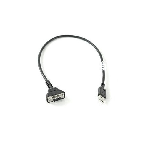 An overhead shot against a clean white background shows a short, black, straight adapter cable neatly curved into a loose semi-circle. On the left end, the cable terminates in a molded black DB9 female connector with nine visible pin receptacles and integrated thumbscrews on either side for securing the connection. On the right end, it terminates in a standard USB-A male connector. A small white label with black text or a barcode is wrapped around the cable jacket just above the USB connector.