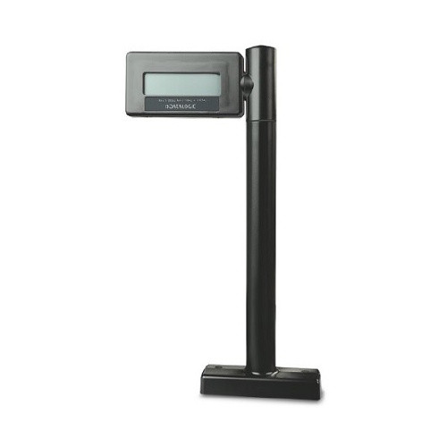 Front view of a black Datalogic 90ACC0522 remote scale display kit, showcasing the single-head digital LCD screen mounted at the top of a sleek, vertical matte black mounting pole with a secure desktop base.