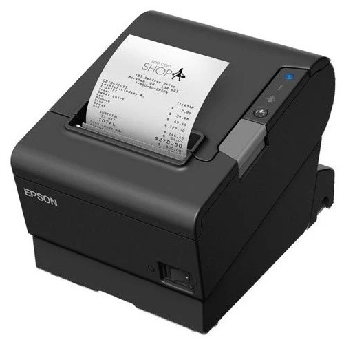 A high-angle, three-quarter perspective view of a black Epson OmniLink TM-T88VI thermal receipt printer, showcasing its top and right side panels. A printed receipt with a retail logo and transaction details extends upward from the paper feed slot. The grey cover-release lever and the vertical LED status interface are clearly visible on the right side of the unit.