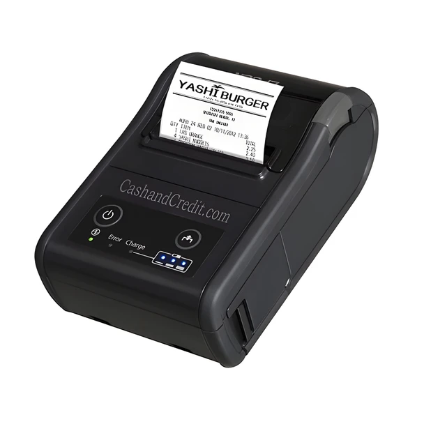 Angled top-down view of the black Epson Mobilink TM-P60II wireless mobile receipt printer, showing the control panel with power and feed buttons, status indicator lights, a battery level display, and a printed receipt emerging from the top slot showing "YASHI BURGER" text.