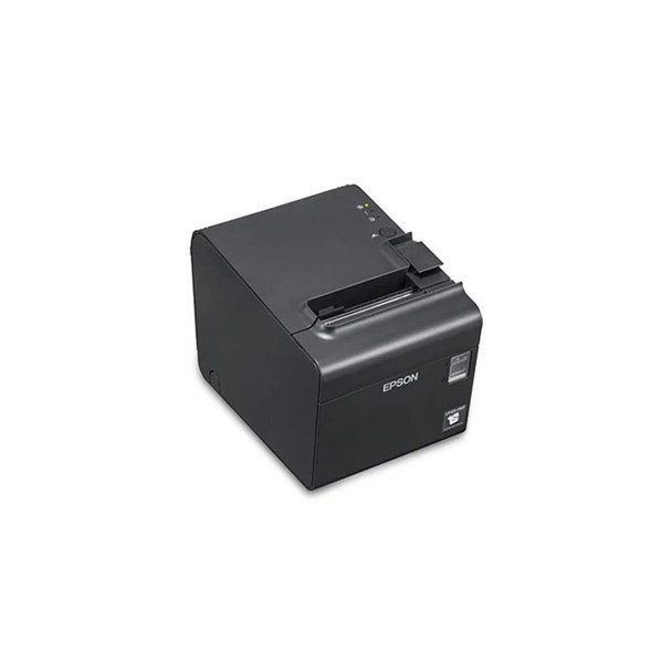 A high-angle, top-down isometric view of a dark gray Epson TM-L90II LFC thermal printer on a white background. This view highlights the printer's rectangular top cover, showing the empty paper exit slot, a clear plastic power switch on the front panel, and a small cluster of status LEDs and a feed button near the rear corner.