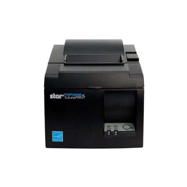 A straight-on product shot from the file star-micronics-tsp143iiibi-bluetooth-thermal-receipt-printer-gray-39472110-front.jpg showcasing a charcoal gray Star Micronics TSP100III POS printer. The front face features the "star TSP100III futurePRNT" logo on the upper left, an Energy Star sticker on the lower left, and a control panel with Power, Error, and Feed indicators on the lower right.