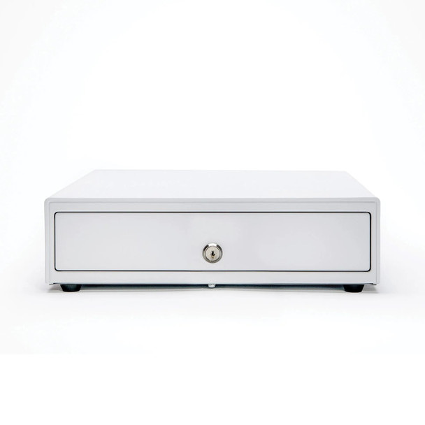 A closed Star Micronics Choice Series CD4-1616 white cash drawer, isolated on a bright white background. The image shows a straight-on front perspective highlighting the durable white steel chassis, a smooth front drawer panel, black rubber feet underneath, and a central circular silver key lock.