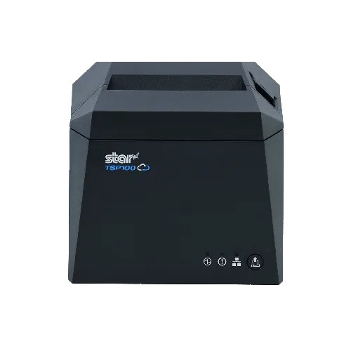 Star Micronics TSP143IV POS thermal receipt printer in dark gray. Front view showcasing its modern, compact, cube-like design, control panel icons, and paper exit slot.